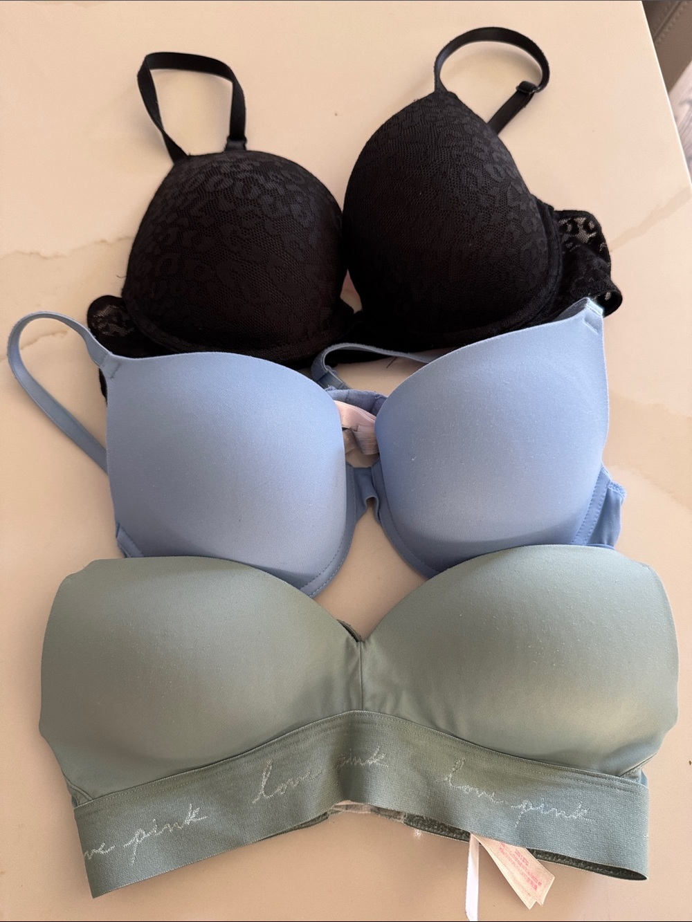PINK Victoria's Secret Black, Light Blue & Sage Seamless Bra Trio
